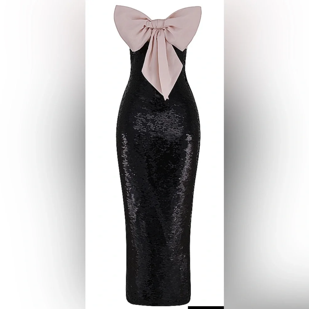 HOUSE OF CB - BLACK SEQUIN STRAPLESS BOW DRESS - Picture 3 of 15
